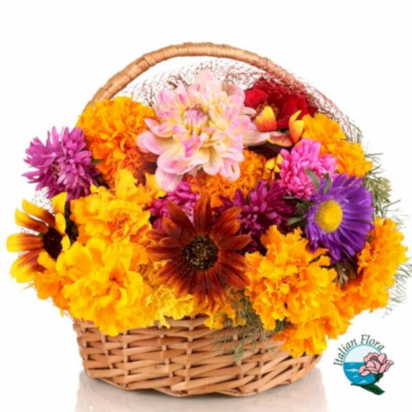 Basket of flowers in yellow orange and purple tones