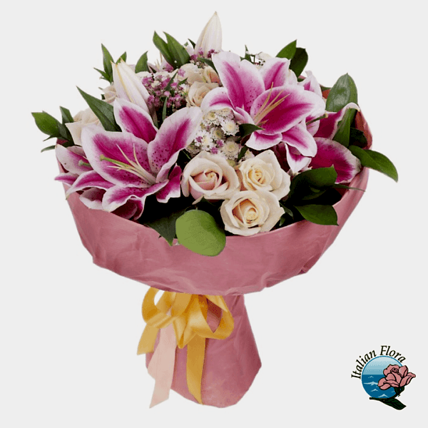 Bouquet of pink lilies and white roses