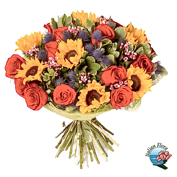 Bouquet with red roses and sunflowers