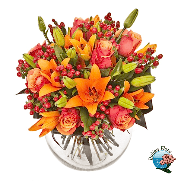 Orange roses and lilies bouquet