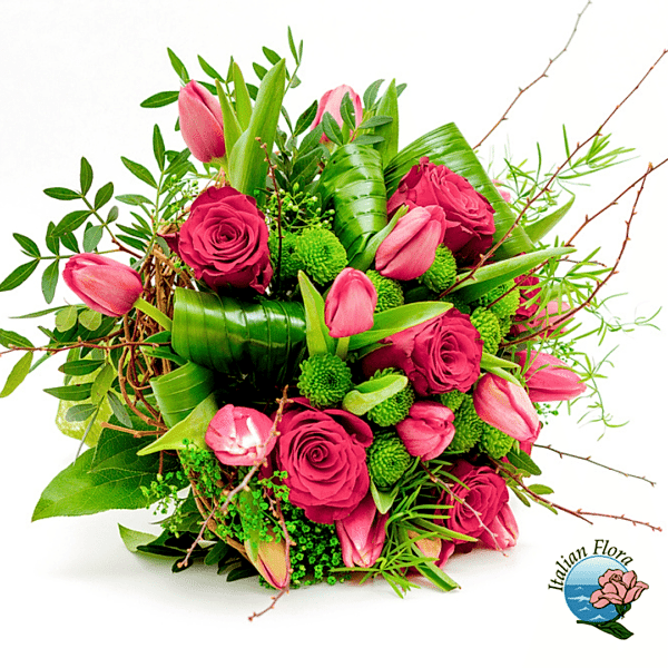 Bouquet of pink roses and tulips