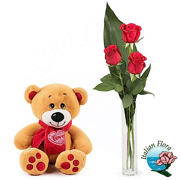 3 red roses + teddy