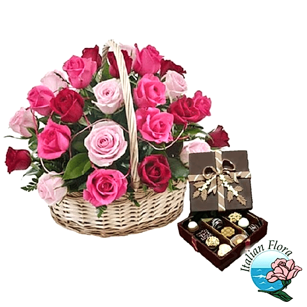 basket of 24 pink roses and chocolates