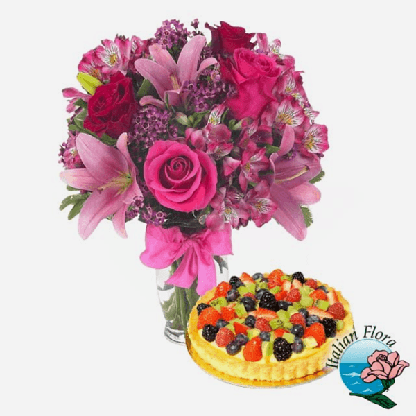 Pink bouquet with fruit cake