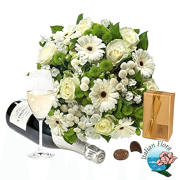 white bouquet with chocolates and sparkling wine