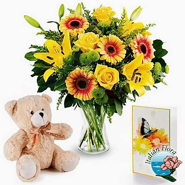 Yellow Flowers Bouquet with Teddy Bear and Card