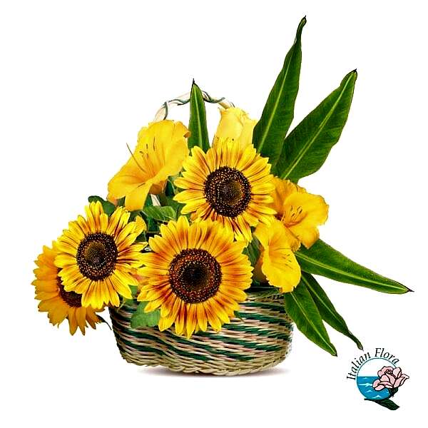 Basket of sunflowers and yellow flowers