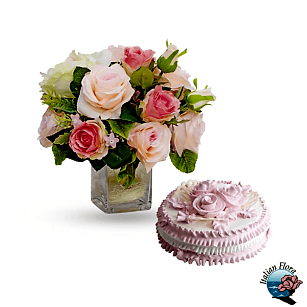 Vase arrangement of mix pastel roses with cream cake